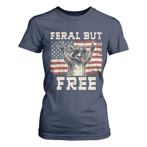 Feral But Free Funny Raccoon Patriotic T Shirt For Women Cool American Flag Sunglasses Rock On Hand Signs Vintage USA Flag TS02 Navy Print Your Wear