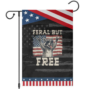 Feral But Free Funny Raccoon Patriotic Garden Flag Cool American Flag Sunglasses Rock On Hand Signs Vintage USA Flag