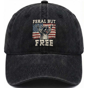 Feral But Free Funny Raccoon Patriotic Washed Cotton Baseball Cap Cool American Flag Sunglasses Rock On Hand Signs Vintage USA Flag TS02 Print Your Wear