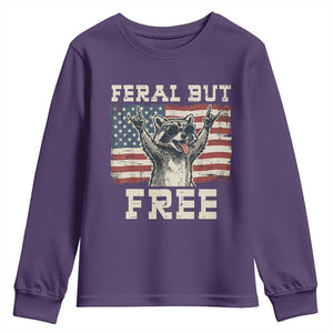 Feral But Free Funny Raccoon Patriotic Youth Sweatshirt Cool American Flag Sunglasses Rock On Hand Signs Vintage USA Flag TS02 Purple Print Your Wear