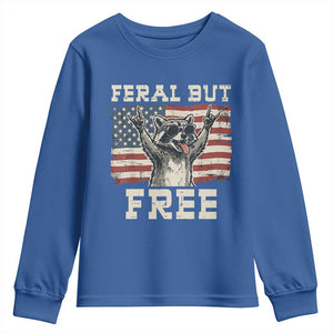Feral But Free Funny Raccoon Patriotic Youth Sweatshirt Cool American Flag Sunglasses Rock On Hand Signs Vintage USA Flag TS02 Royal Blue Print Your Wear