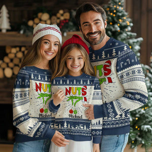 Personalized Matching Couple Ugly Christmas Sweater Custom Name Chestnuts Xmas Funny Nuts TS02 Navy Print Your Wear