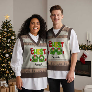 Personalized Xmas Matching Couple V-Neck Knit Sweater Vest Custom Name Chestnuts Xmas Funny Chest TS02 Mocha Mousse Print Your Wear