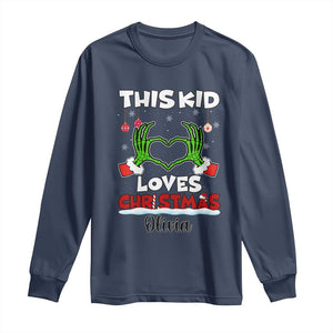 Personalized Funny Christmas Lover Long Sleeve Shirt Custom Kids Name Skeleton Hand Heart TS02 Navy Print Your Wear