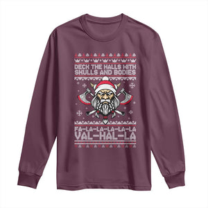 Deck The Halls With Skulls and Bodies Long Sleeve Shirt Viking Christmas Fa La La Valhalla TS02 Maroon Print Your Wear