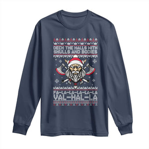 Deck The Halls With Skulls and Bodies Long Sleeve Shirt Viking Christmas Fa La La Valhalla TS02 Navy Print Your Wear