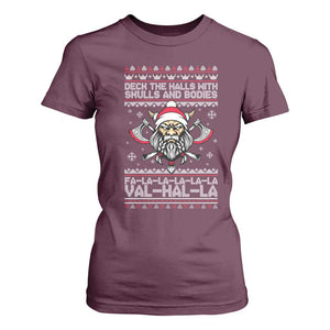 Deck The Halls With Skulls and Bodies T Shirt For Women Viking Christmas Fa La La Valhalla TS02 Maroon Print Your Wear