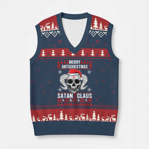 Satan Claus Skull Antichristmas V-Neck Knit Sweater Vest Dark Humor Holiday 666 Skull and Horns TS02 Navy Red Print Your Wear