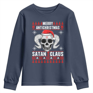 Satan Claus Skull Antichristmas Youth Sweatshirt Dark Humor Holiday 666 Skull and Horns TS02 Navy Print Your Wear