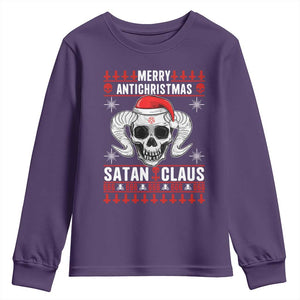 Satan Claus Skull Antichristmas Youth Sweatshirt Dark Humor Holiday 666 Skull and Horns TS02 Purple Print Your Wear