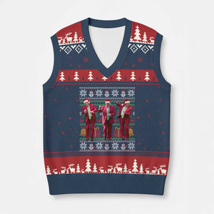 Funny Xmas Trump Dancing V-Neck Knit Sweater Vest 47th President Viral Dances Xmas Ugly Sweater TS02 Navy Red Print Your Wear