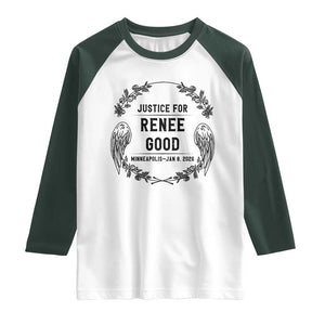 Justice for Renee Good Raglan Shirt Minneapolis January 8 2026 Tribute Memorial Wreath TS02 White Dark Forest Green Print Your Wear