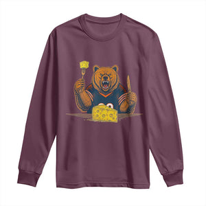 Fierce Bear Eating Cheese Long Sleeve Shirt Let's Eat Cheese Funny Sports Rivalry TS02 Maroon Print Your Wear