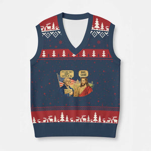 Funny George Washington and Jesus Conversation V-Neck Knit Sweater Vest Patriotic Commentary Historical Icons TS02 Navy Red Print Your Wear