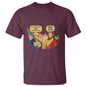 Funny George Washington and Jesus Conversation T Shirt - Patriotic Historical Icons Commentary Tee TS02 Maroon Print Your Wear