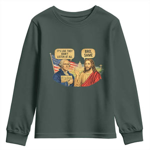 Funny George Washington and Jesus Conversation Youth Sweatshirt Patriotic Commentary Historical Icons TS02 Dark Forest Green Print Your Wear