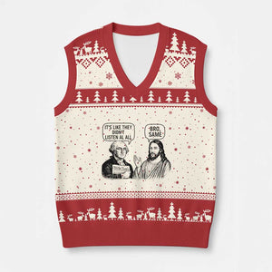 Funny George Washington and Jesus Satire V-Neck Knit Sweater Vest Political Commentary Founding Fathers and Faith TS02 Beige Red Print Your Wear