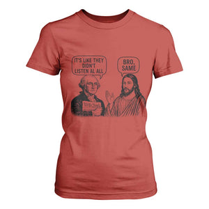 Funny George Washington and Jesus Satire T Shirt For Women Political Commentary Founding Fathers and Faith TS02 Red Print Your Wear