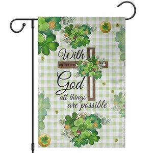 Religious St. Patricks Day Garden Flag With God All Things Are Possible Christian Bible Verse & Shamrocks TS02 Green Plaid Print Your Wear