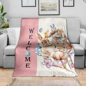 Easter Bunny Welcome Throw Blanket Cute Watercolor Rabbits with Eggs & Flowers, Spring Yard Decor TS02 Print Your Wear