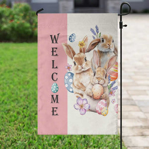 Easter Bunny Welcome Garden Flag Cute Watercolor Rabbits with Eggs & Flowers, Spring Yard Decor TS02 Print Your Wear