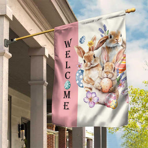 Easter Bunny Welcome Garden Flag Cute Watercolor Rabbits with Eggs & Flowers, Spring Yard Decor TS02 Print Your Wear