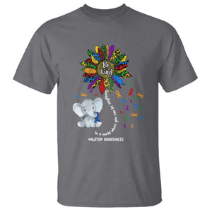 Autism Awareness Elephant T Shirt In A World Where You Can Be Anything Be Kind Colorful Sunflower Ribbon TS02 Charcoal Printyourwear