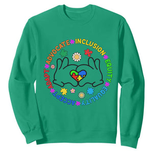 Autism Acceptance Sweatshirt Accept Adapt Advocate Inclusion Equity Equality TS02 Irish Green Printyourwear