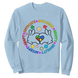 Autism Acceptance Sweatshirt Accept Adapt Advocate Inclusion Equity Equality TS02 Light Blue Printyourwear