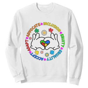 Autism Acceptance Sweatshirt Accept Adapt Advocate Inclusion Equity Equality TS02 White Printyourwear