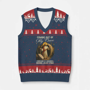 Funny Jesus V-Neck Knit Sweater Vest Coming Out Of My Cave And I've Been Doing Just Fine TS02 Navy Red Print Your Wear