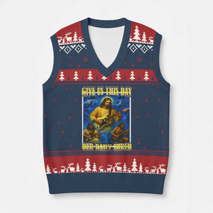 Music Give Us This Day Our Daily Shred V-Neck Knit Sweater Vest Funny Jesus Rock Guitar Meme TS02 Navy Red Print Your Wear