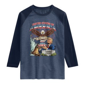 USA 250 Year Birthday Patriotic Celebration Raglan Shirt Trump Eagle and Liberty Bday Cake TS02 Heather Denim Navy Print Your Wear