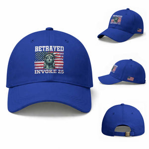 Betrayed Invoke 25 Statue of Liberty Crying Baseball Cap 25th Amendment Distressed Flag Political Satire Graphic TS02 Baseball Cap Universal Fit Royal Blue Print Your Wear