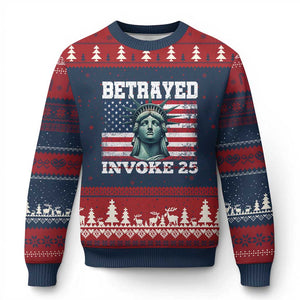 Betrayed Invoke 25 Statue of Liberty Crying Ugly Christmas Sweater 25th Amendment Distressed Flag Political Satire Graphic TS02 Navy Red Print Your Wear