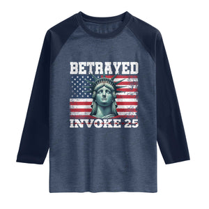Betrayed Invoke 25 Statue of Liberty Crying Raglan Shirt 25th Amendment Distressed Flag Political Satire Graphic TS02 Heather Denim Navy Print Your Wear