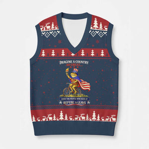 Proud American Humor Patriotic Frog On Bicycle Graphic V-Neck Knit Sweater Vest Imagine A Country So Great Pride TS02 Navy Red Print Your Wear
