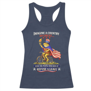 Proud American Humor Patriotic Frog On Bicycle Graphic Racerback Tank Top Imagine A Country So Great Pride TS02 Navy Print Your Wear