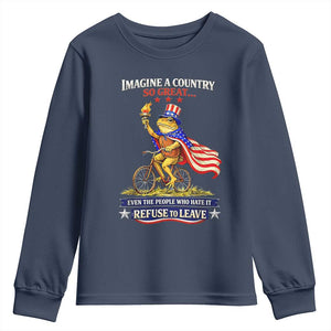 Proud American Humor Patriotic Frog On Bicycle Graphic Youth Sweatshirt Imagine A Country So Great Pride TS02 Navy Print Your Wear