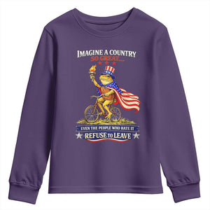 Proud American Humor Patriotic Frog On Bicycle Graphic Youth Sweatshirt Imagine A Country So Great Pride TS02 Purple Print Your Wear