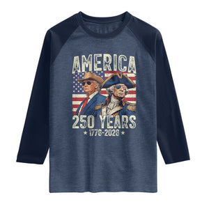 America Semiquincentennial George Washington and Trump Raglan Shirt 250 Years 1776-2026 Patriotic Founding Fathers Legacy TS02 Heather Denim Navy Print Your Wear