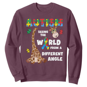 Autism Giraffe Sweatshirt Seeing The World From A Different Angle Puzzle Pieces TS02 Maroon Printyourwear