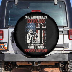 Female Veteran Spare Tire Cover She Who Kneels Before God Can Stand Before Anyone Strong Women TS02 No hole Black Print Your Wear