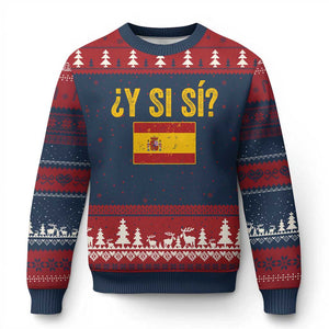 Funny Y Si Si Spain Flag Distressed Retro Graphic Ugly Christmas Sweater What If Espanol Patriotic Spanish Espana Pride TS02 Navy Red Print Your Wear