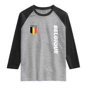 Belgique Belgium Flag Shield Minimalist Graphic Raglan Shirt French Belgian Pride and European Heritage Souvenir TS02 Heather Gray Black Print Your Wear