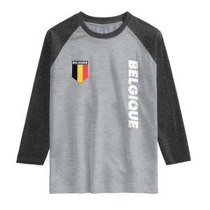 Belgique Belgium Flag Shield Minimalist Graphic Raglan Shirt French Belgian Pride and European Heritage Souvenir TS02 Heather Gray Heather Charcoal Print Your Wear