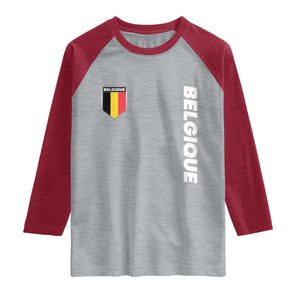 Belgique Belgium Flag Shield Minimalist Graphic Raglan Shirt French Belgian Pride and European Heritage Souvenir TS02 Heather Gray Heather Red Print Your Wear