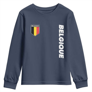Belgique Belgium Flag Shield Minimalist Graphic Youth Sweatshirt French Belgian Pride and European Heritage Souvenir TS02 Navy Print Your Wear