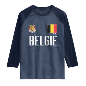 Royal Coat of Arms Belgie Crest Graphic Raglan Shirt Traditional Belgium Belgian Flag and Lion Heritage Pride Gift TS02 Heather Denim Navy Print Your Wear