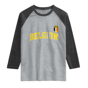 Vintage Belgium Varsity Style Distressed Graphic Raglan Shirt Classic Collegiate Belgian Pride TS02 Heather Gray Heather Charcoal Print Your Wear
